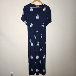 VTG Club Mystique Womens 1X Blue Maxi Summer Dress Sail Boats Back Tie